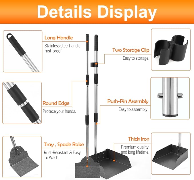Dog Pooper Scooper, Metal Tray & Spade with 38.2" Long Handle | Medium Dog Poop Scooper: 6.5x6.7x2.5in Tray, 5.1x3.3in Spade, No-bend Pickup, Easy Rinse, Tool-free Setup