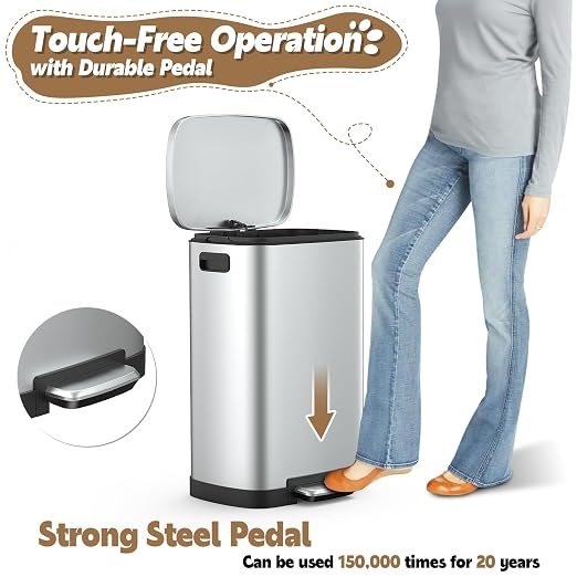 Dog Poop Trash Can Outside, 50L/13 Gal Waterproof & Odor Control Outdoor Trash can, Stainless Steel Dog Waste Container with Foot Pedal & Lid, Heavy-Duty Pet Poop Bucket for Patio（Silver）