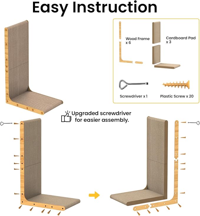 Conlun Cardboard Cat Scratcher,26" L-Shaped Scratch Pad Wall Mounted,Vertical Scratching Post Durable Cardboard to Protect Furniture for Indoor Cats,Wood Grain Junbo (2 Pack)