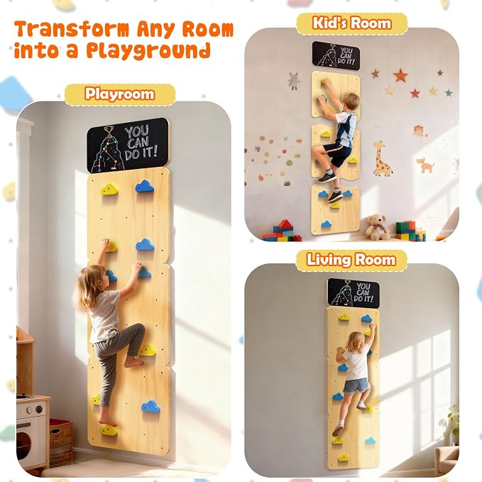 Wooden Climbing Wall for Kids, Indoor Climbing Wall Panels with 12 Rock Holds, Montessori Climbing Toy for Playroom & Home Gym, Aged 3+