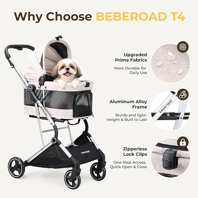 T4 PRO Pet Stroller for Small Medium Dogs, Cat Strollers for 2 Cats, 4 Wheels Folding Pet Stroller for Cats with Pad, Canopy and Cup Holder, Beige