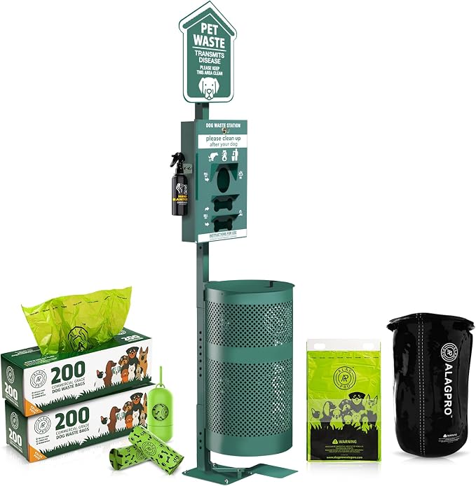 ALAGPRO® Pet Waste Station Outdoor Dog Waste Station with Hand Sanitizer Bottle, Commercial Dog Poop Station with Free 400 Roll, 200 Pull Waste Bags & 50 Can Liners for Backyard, Park & HOA's