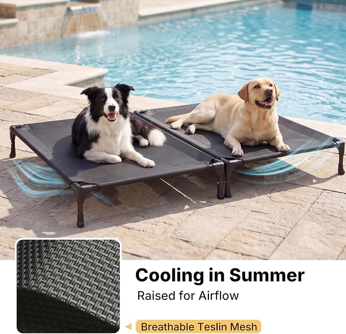 Veehoo Cooling Elevated Dog Bed, Outdoor Raised Dog Bed for Two Dogs | Indoor Pet Cot with Breathable Teslin Mesh & Anti-Slip Feet, Durable Double Dog Bed for Multi-Pet Homes, 35" x 25", Black
