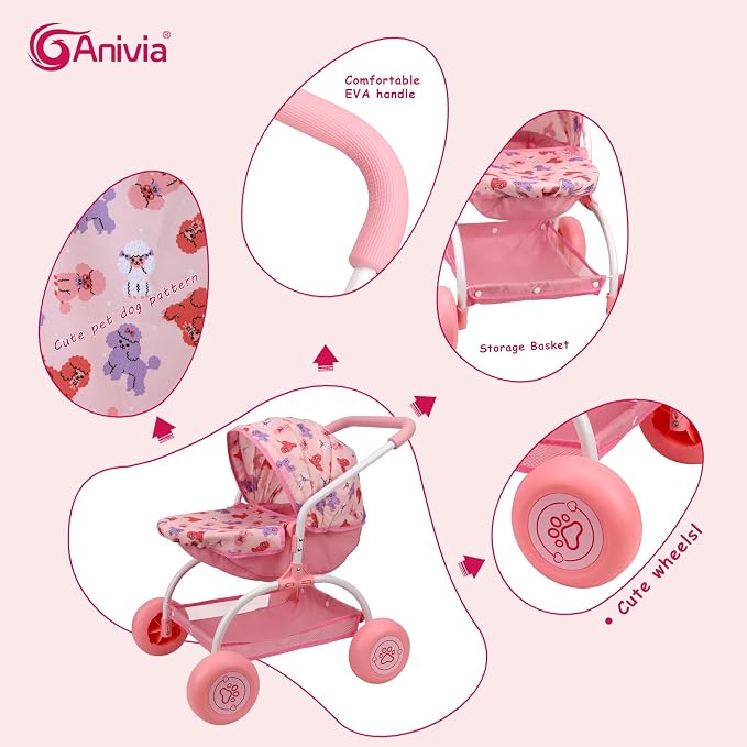 ANIVIA Doll Stroller Toy Realistic Doll Stroller Heart Design Gifts for Toddlers and Girls Foldable Baby Doll Stroller Toy