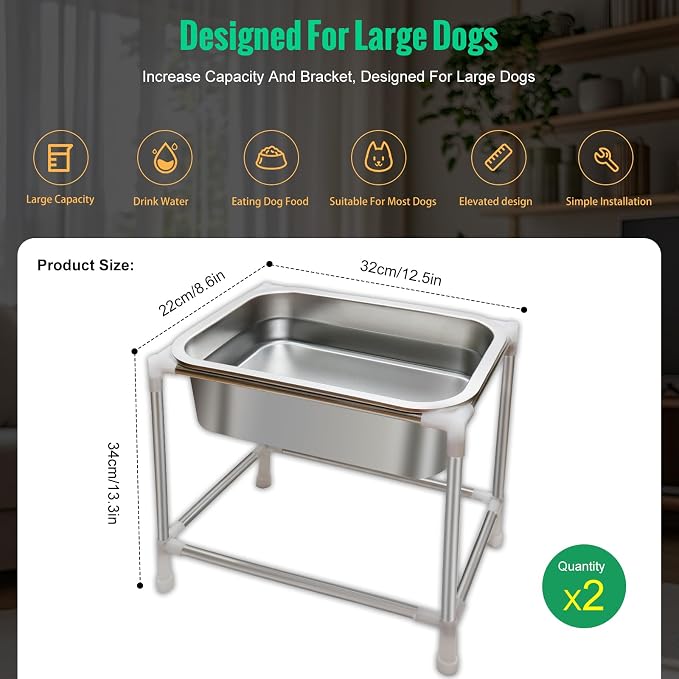 1.5 Gals 2 Sets Raised Dog Water Bowl Large Sized Dog Elevated Dogs Food and Water Bowl with Stand for Medium to Large Breeds Stainless Steel Indoor Outdoor Pets Feed Waterer Station (2 Sets)