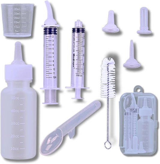 Newborn & Senior Pet Feeding Kit, Kitten/Puppy Bottle (50ml), Syringe with Silicone Nipple, Oral Dosing Syringe, Soft BPA-Free Nipples, Medicine Dispenser & Travel Case for Cats Dogs Rabbits Squirrels