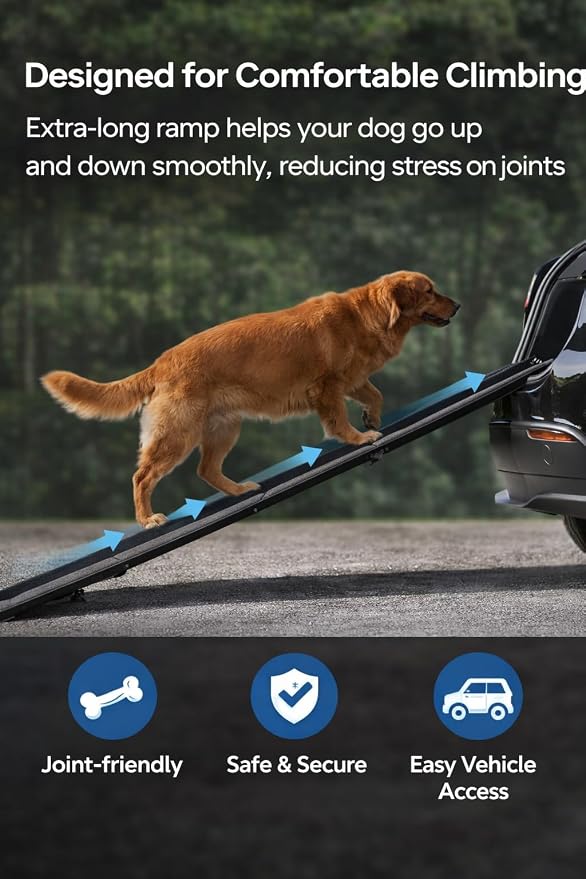 Dog Ramp for Car & SUV with Non-Slip Rug Surface – Lightweight & Foldable Pet Ramp for Dogs, Includes 4 Towels & 2 LED Lights, Safe for Cars, Trucks, Beds, Couches & Stairs