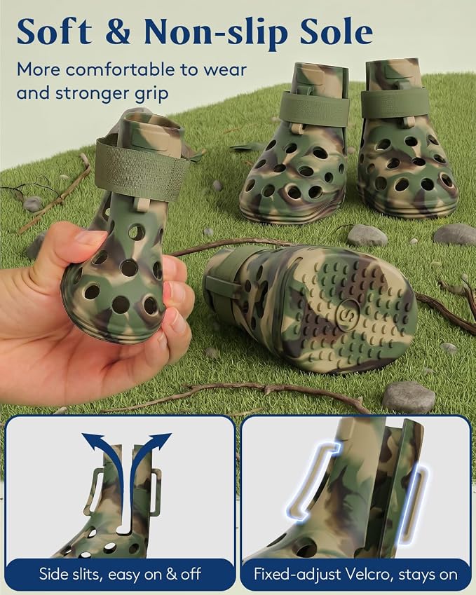 Dog Shoes for Hot Pavement, Breathable Dog Boots Paw Protectors with Adjustable Straps & Non-Slip Sole, Easy On & Off, Waterproof, Easy-Cleaning (Camouflage, XL)