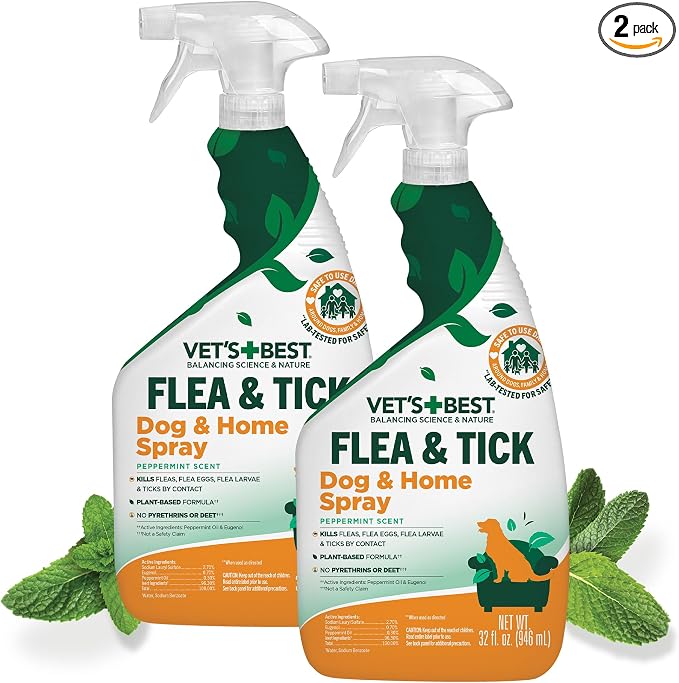 Vet’s Best Flea and Tick Home Spray – Plant-Based Flea and Tick Treatment for Dogs and Indoor Use – Natural Spray with Essential Oils for Flea Control in Home – 32 oz Bottles, 2 Pack