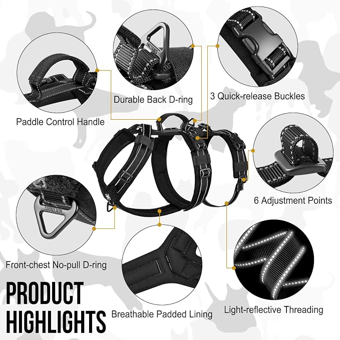OneTigris Dog Harness No Pull Adjustable Tactical Harness with Soft Padding | Y-Shaped Reflective High-tensile Nylon, 1 Handle, 3 D-rings Easy Walk Dog Harness for Medium Large Dogs Easy on/off Tactical