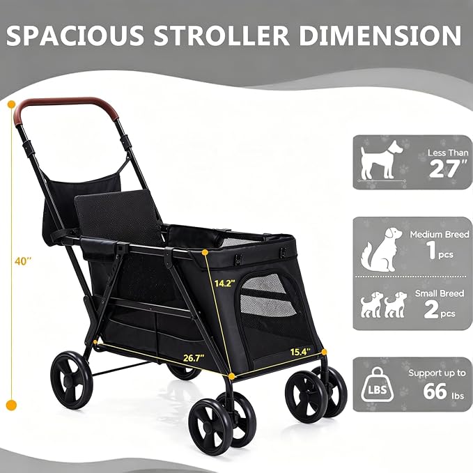 Dog Stroller for Large & Medium Dogs, Foldable Pet Stroller for 2 Small Dogs Up to 66lbs, with All-Terrain Wheels, Breathable Mesh Ventilation & Storage Pocket (Black)