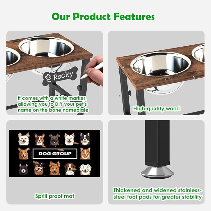 SHAINFUN Adjustable Height Elevated Dog Bowl Stand for Large & Extra Large Dogs – Wooden Raised Dog Bowls with Three 101oz Stainless Steel Bowls & Mat, Stainless Steel Food & Water Station