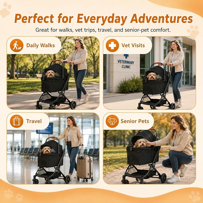 Pet Stroller for Small Dogs and Cats, Detachable Dog Cat Stroller with All-Terrain Shock Absorbing Wheels, One-Click Foldable Design, Adjustable Canopy (Green)