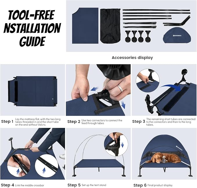 KINGROCK Elevated Dog Bed with Removable Canopy Portable Outdoor Pet Cot Waterproof 600D Oxford Fabric Anti Slip Feet for Large Dogs Camping Beach Indoor and Outdoor Use