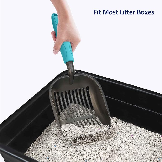 Cat Litter Scoop, Non-Stick Plated Aluminum Alloy Sifter, Kitty Durable Metal Scooper, Deep Shovel, Long Handle, Kitten Pooper Lifter, Size Large, Coated Black Body with Turkish Blue Handle