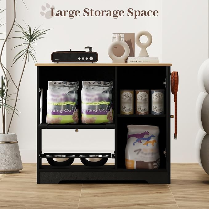 Rovibek Dog Food Storage Cabinet with 2 Raised Dog Bowls and Storage | Pet Food Cabinet Feeding Station and Dogs Food Storage Organizer with 3 Hooks for Living Room