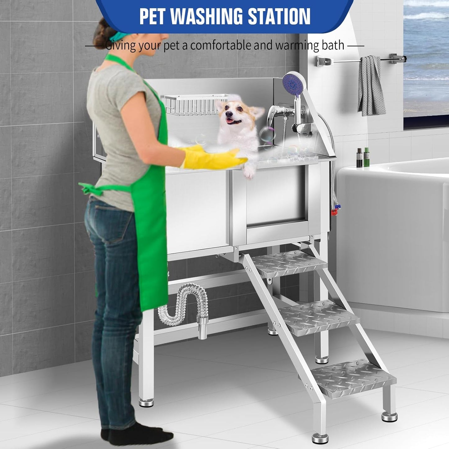 Professional Dog Washing Station, Stainless Steel Dog Bathing Station, Dog Wash Station, Storage Drawer, Upgrade Parts, Home, Commercial,34" R-RAMP
