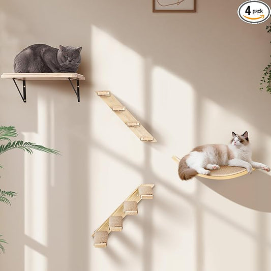 Cat Wall Shelves Set with Sisal Cats Stairs, 4 Piece Wooden Climbing Furniture with Scratchable Curved Bed, Flat Shelf & 2 Cat Wall 4-Steps Ladders