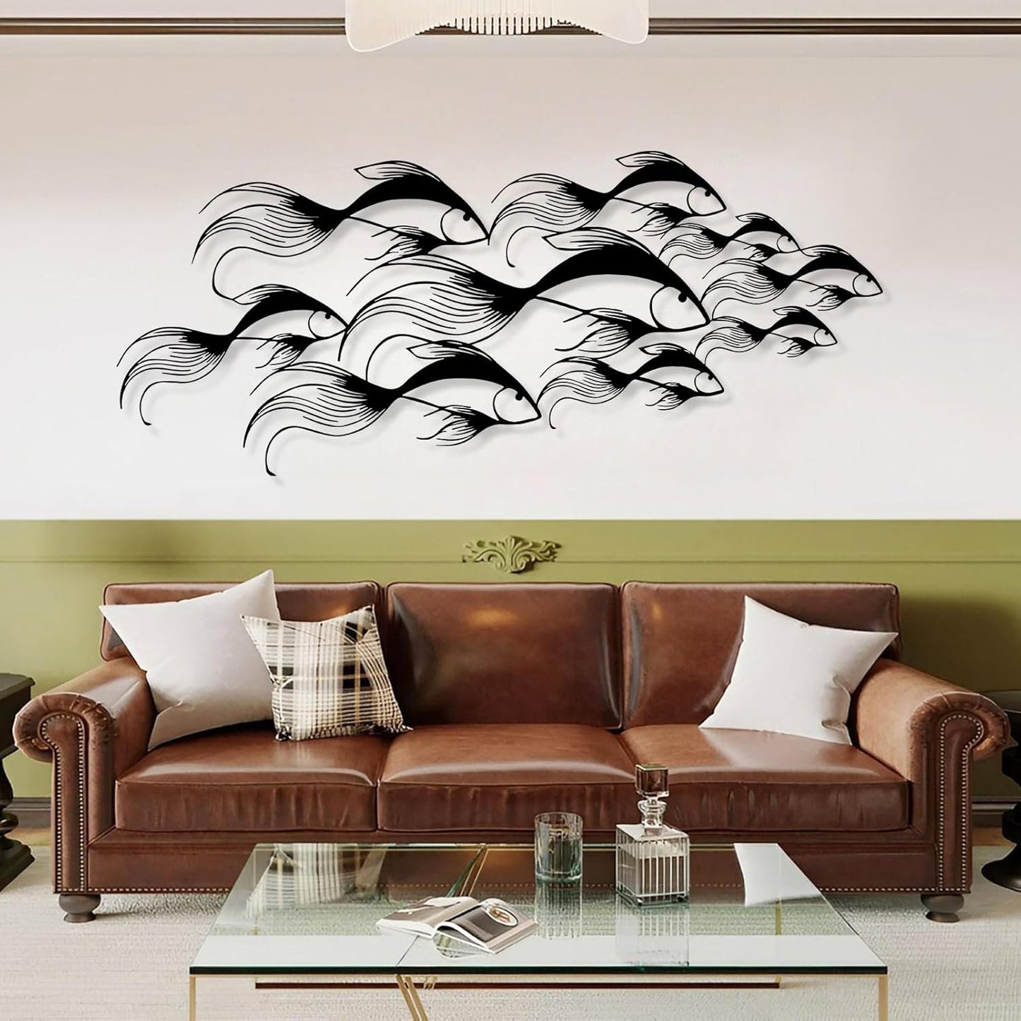 School of Fish Metal Wall Art, Metal Fish Wall Decor, Sea Life Wall Art, Large Nautical Wall Hanging, Modern Beach House Wall Decor, Ocean Themed Artwork for Bathroom (Gold, 48"x20" | 121x51cm)