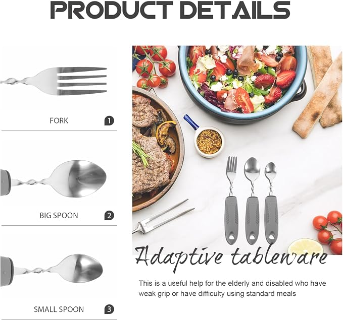 Healifty Adaptive Utensils Set for Elderly Non-Slip Eating Utensils for Weak Grip Lightweight Travel Tableware with 1 Fork and 2 Spoons Easy Clean Daily Use