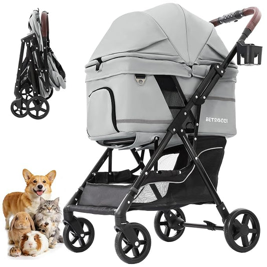 No-Zip Pet Stroller for Small Dogs & Cats, 44 lb, Gray | No-Zip Canopy, 44 lb Capacity, Reflective Trim, 2 Tethers, Lockable Front Wheels, Rear Brake and One-Hand Fold