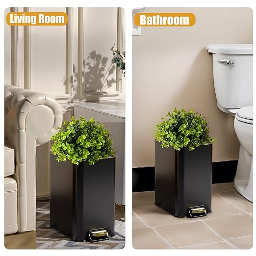 Small Metal Trash Can with Lid - Dog Poop Trash Can Outside with Pedal | 10 Liters Pet Waste Container Outdoor - Plant-Styled Poop Bucket - 2.6 Gal Stainless Steel Garbage Bin - Black and Gold