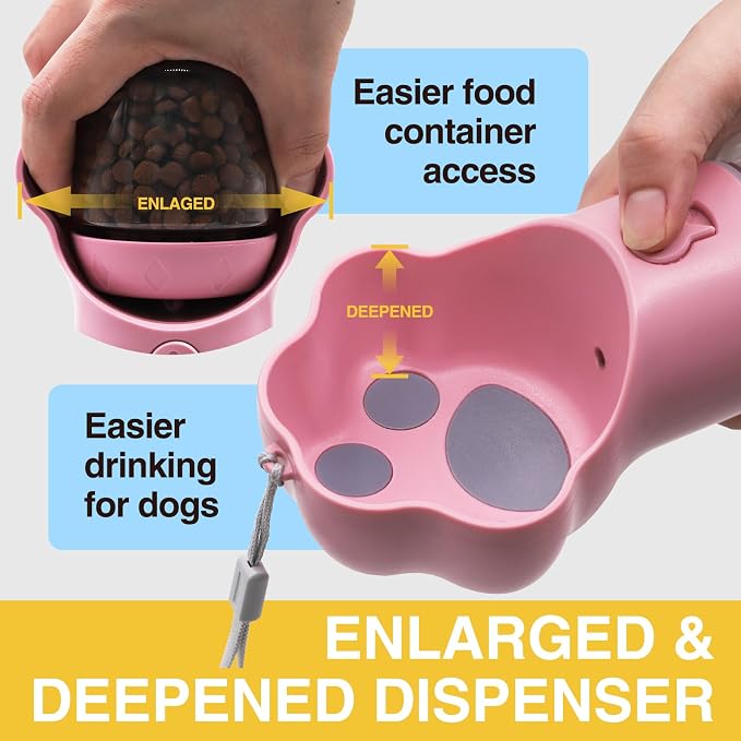 Dog Water Bottle with Food Container, Portable Pet Dispenser, Leak Proof, Hiking, Puppy Travel, Outdoor Activities(18.6 fl.oz/550ml, Pink)