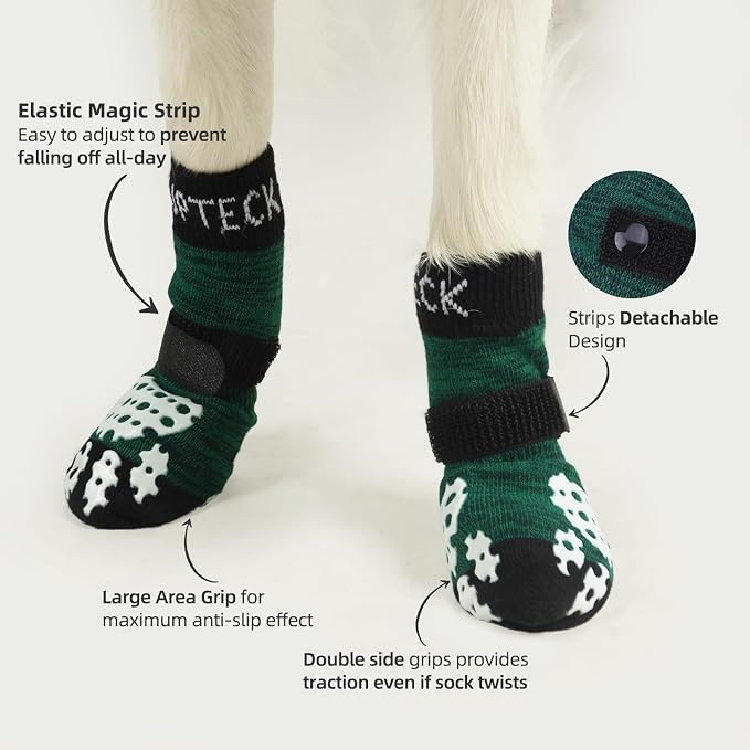 PUPTECK Anti-Slip Dog Socks with Double Sides Grips for Small Medium Large Dogs Hardwood Floors Prevents Licking, Dog Shoes for Hot Pavement Traction Control for Senior Dogs, Dark Green, L