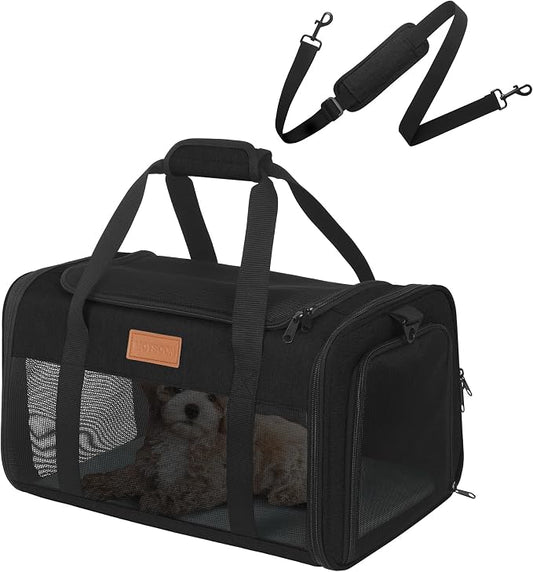Pet Carrier Airline Approved for Pets Up to 10 Lb, 17x11x9.5 in | Underseat, Top & Side Entry Soft Dog Cat Travel Carrier with Safety Zippers & Anti-Scratch Mesh for Small Cat and Dog, Black