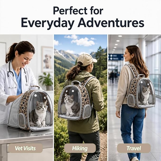 Expandable Cat Carrier Backpack for Cats & Dogs, Bubble Window Pet Travel Backpack with Breathable Mesh, Anti-Collapse Structure, Side Door, Safety Leash, for Vet Visits, Hiking, Outdoor, Animal