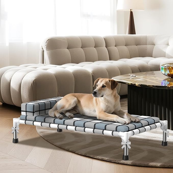Elevated Dog Bed with Cushion & Bolster, Raised Dog Beds with Pillow & Mat | Medium Cooling Lifted Indoor Outdoor Portable Lifted Pet Cot Stainless Steel Frame Indoor Outside Breathable Hammock Beds