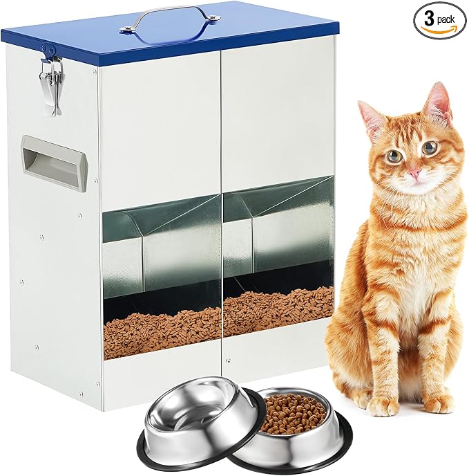 Qinyoung Automatic Feeder for 2 Cats Outdoor Galvanized 42cups/10l Double Feeder with 2 Stainless Steel Water Bowls for Small Pets Cats Dogs Outdoor Indoor Dry Food Dispenser