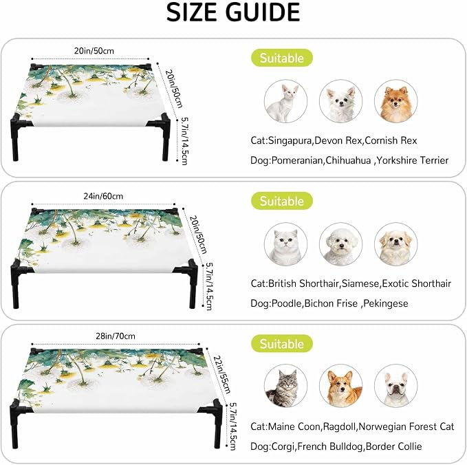 Outdoor Elevated Dog Bed for Large Dogs, Hanging Dandelions Breathable Cooling Raised Dog Cot for Indoor/Outdoor, Green Leaves Botanical Flower Minimalist Waterproof Elevated Pet Beds, L 28 x 22 in