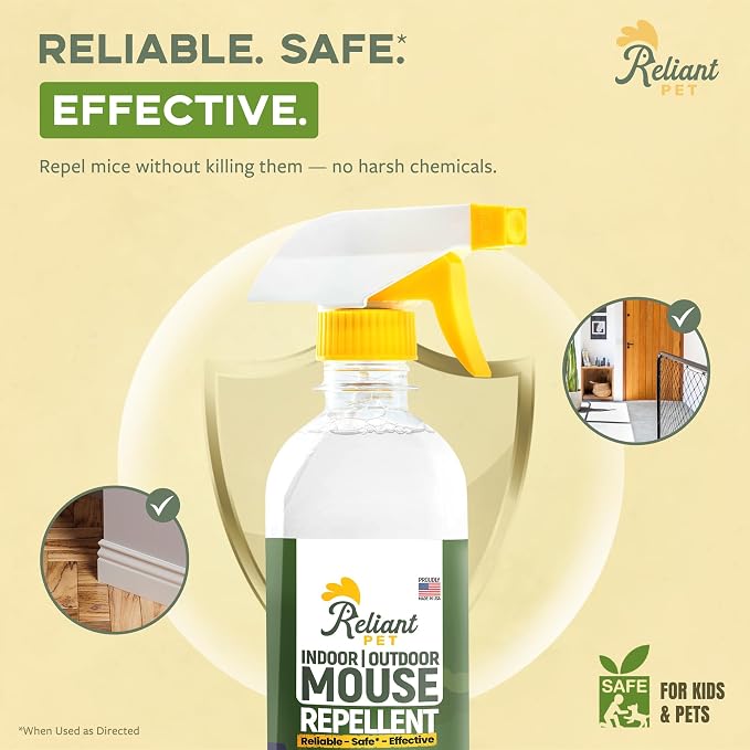 Reliant Pet Peppermint Oil Mouse Repellent Spray - 16oz - Plant Based Mice Deterrent for Indoor & Outdoor Use - Pest Control for Home, Car Engines, RV - Made in USA