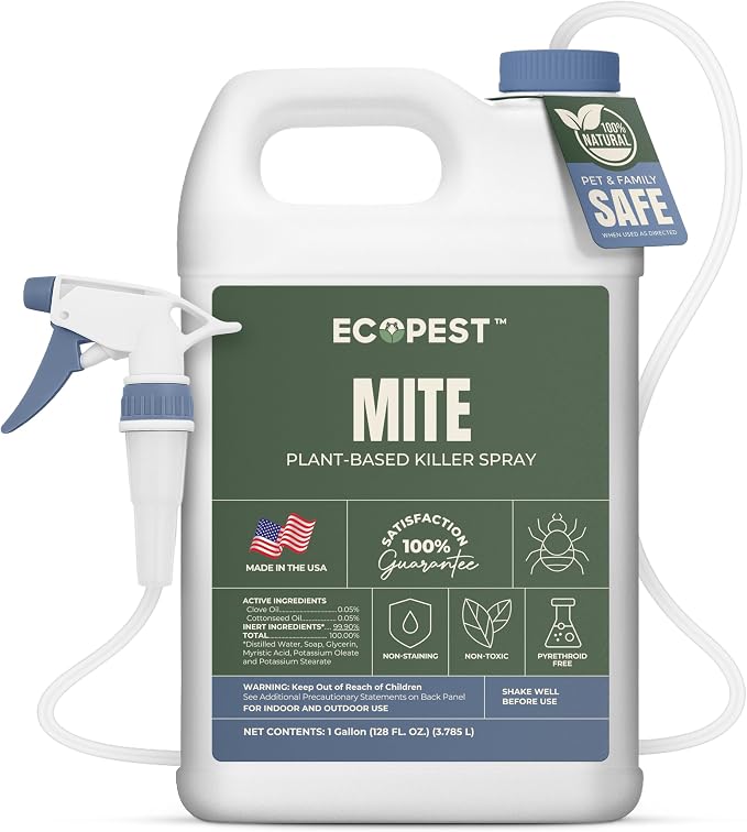 Mite Spray – Natural Killer for Dust, Bird, Spider & Other Mites | Bedding & Furniture-Safe | Treatment for Chickens, Poultry, Dogs, Cats, Reptiles & Other Pets | Indoor & Outdoor (1 Gallon)