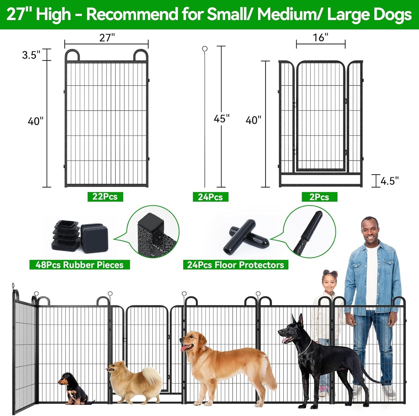 Dog Playpen Outdoor 24 Panels Heavy Duty Dog Fence 40" Height Anti-Rust with Doors Portable for RV Camping Yard, Total 54FT, 227 Sq.ft, Snowy Black