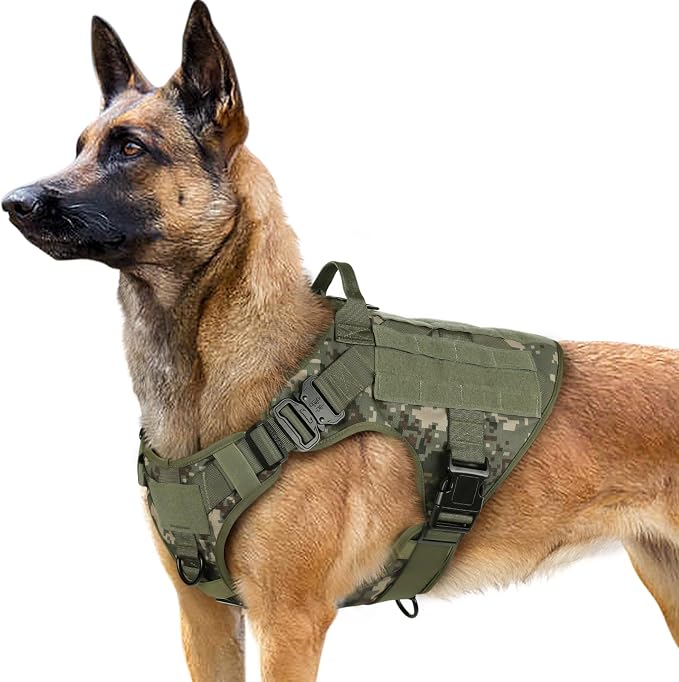 rabbitgoo Tactical Dog Harness for Large, Heavy Duty Military No Pull Vest | Sturdy Metal Buckles, 5 Adjustments, Molle System, Powerful Pullers for Training, Hunting, Outdoor, Green Camo, Large