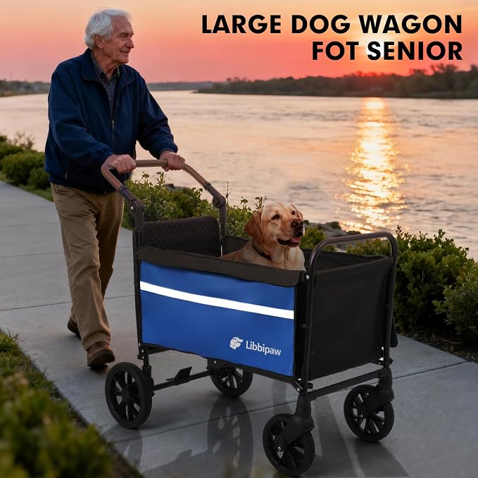 LUFFWELL Foldable Dog Wagon with Ramp, Medium & Large Dogs, Blue | All-terrain wheels, One-step brake, Adjustable handle, Side pockets, 200 lb capacity