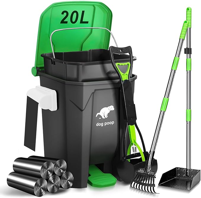 Dog Poop Trash Can Outside - 20L/5Gal Dog Poop Scooper Set, Green | Outdoor Trash Can with Lid and Removable Inner Bin,Dog Waste Trash Can with 100 Bags & Storage Box and Metal Rake & Tray