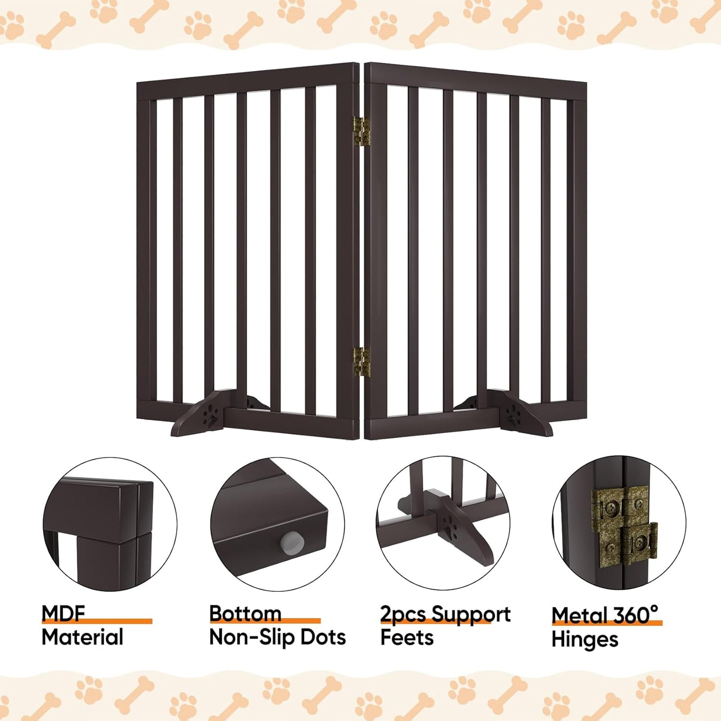 Freestanding Foldable Dog Gate 2 Panel,Fully Assembled Dog Gates for Doorways, Wooden Pet Gates for The House, 24-inch Tall Pet Gate Indoor