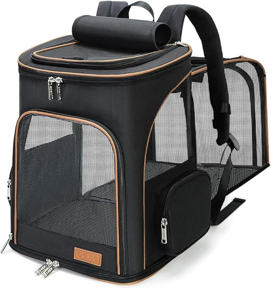 Lekereise Cat Backpack Carrier for Small Dogs and Medium Cat Puppy Kitten Bunny Pet Carrier Backpack Collapsible with Fully Ventilated Mesh with Safety Leash(Black)