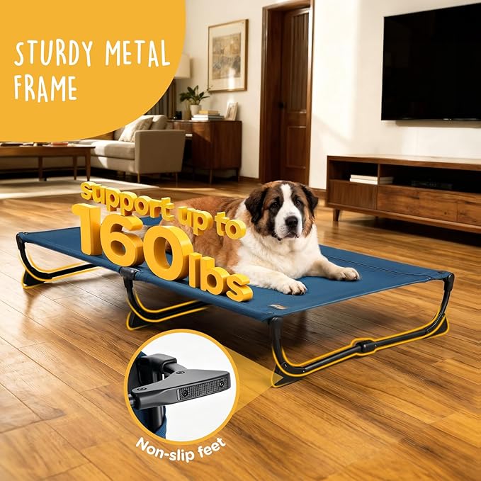 Folding Raised Dog Cot, Large Outdoor Elevated Dog Bed with Upgraded Non-Slip Feet, Cooling Chew Proof Portable Heavy Duty Pet Cot Up to 160 lbs for Camping/Home, Dark Blue, 43"x27"