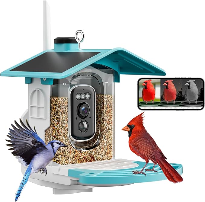 Jarkyfine Smart Bird Feeder with Camera Solar Powered - AI Bird Identification, 2K HD Video Live Stream Camera, 3MP Photos, 2.9in Focus, Gifts for Mom Dad Birdlovers, Blue