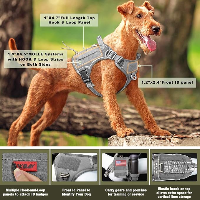 Tactical Dog Harness Large,Military Service Weighted Dog Vest Harness Working Dog MOLLE Vest with Loop Panels,No-Pull Training Harness with Leash Clips for Walking Hiking Hunting(Grey,S)