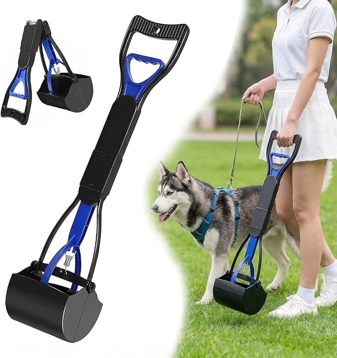 32" Foldable Long Handle Dog Pooper Scooper, No Bending Waste Pick Up Tool | Pet Waste Scoop for Back Pain Sufferers, Multi-Use Litter Picker for Yard Street Grass Outdoor Cleanup (Blue)