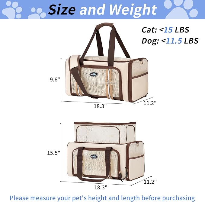 Wakytu Expandable Pet Carrier for Cats and Dogs, Airline Approved Cat Carrier, Large Travel Bag with Extra Large Foldable mat