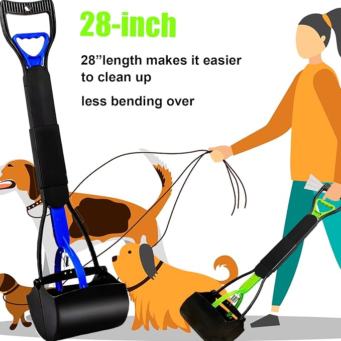 Pooper Scooper,Dog Pooper Scooper,Pooper Scooper for Large Dogs,Folding Dog Poop Scooper, 28" Long Handle No-Bend Cleanup,with Durable Spring,Works on Grass/Dirt/Gravel & More Surfaces (Blue)
