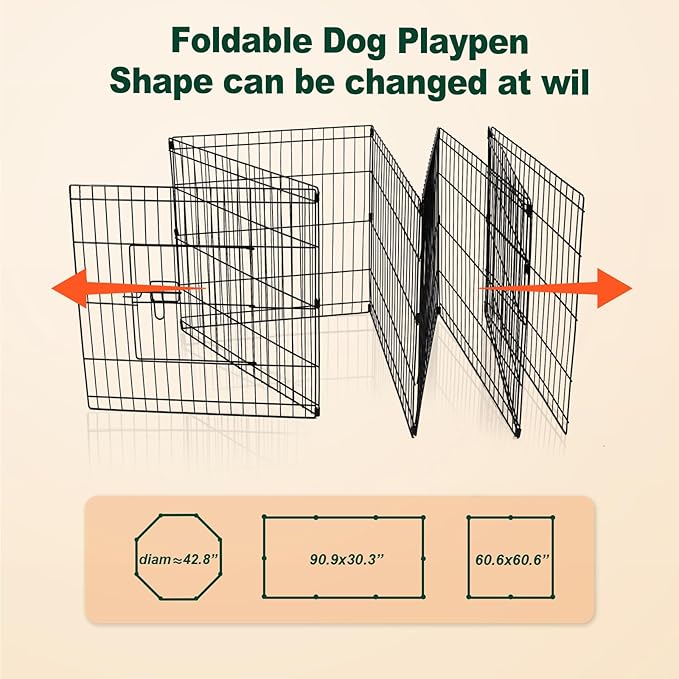 PJYuCien Dog Playpen - 8 Panels 42 inchH Metal Foldable Exercise Pen, Pet Fence Puppy Crate Kennel Indoor Outdoor with Top Cover & Bottom Pad for Medium Large Pets Black…