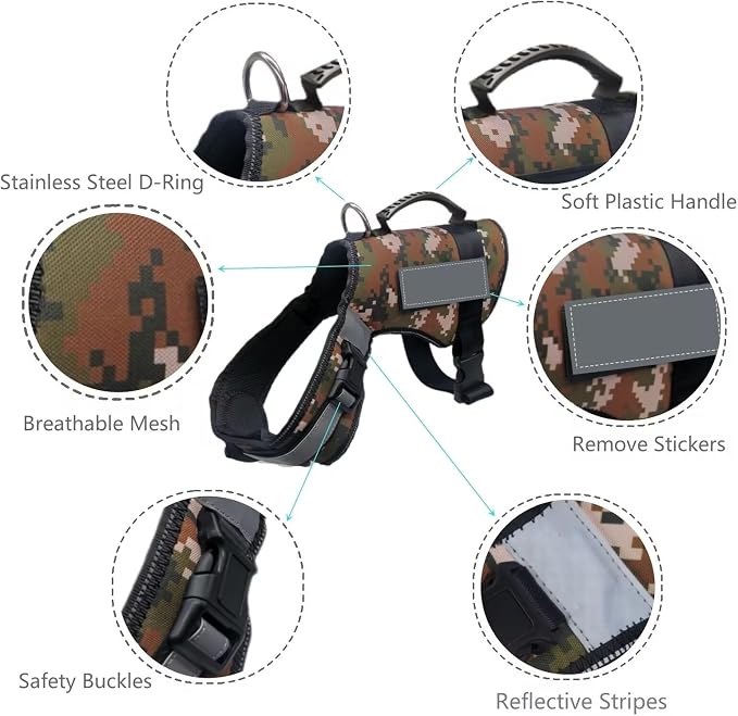 Reflective Tactical Dog Harness for Large Dogs, No Pull Heavy Duty Dog Vest Harness with Handle, Adjustable Removable Service Harnesses for Dogs, Camouflage, XL