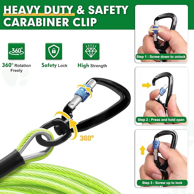 Snagle Paw Dog Leads for Yard 50FT-1000LBS Break Strength,Heavy Duty Tie Out Cable for Dogs with Swivel Lockable Hook & Spring,Chew Proof Dog Chain for Outside,Dog Run Cable for Medium Large Dogs